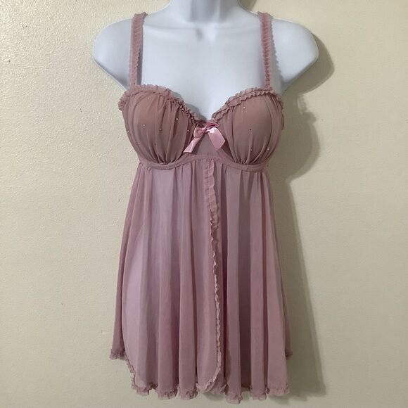 Native Pink Coquette Dollette Rhinestone Romantic Babydoll Ruffle Slip 36C - Picture 1 of 11